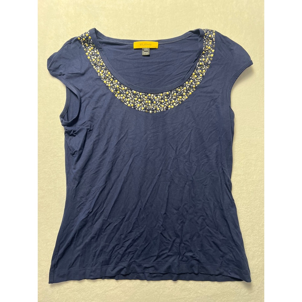 St. John Large Cap Sleeve Top Beaded Neckline Navy Blue Stretch Viscose Blouse